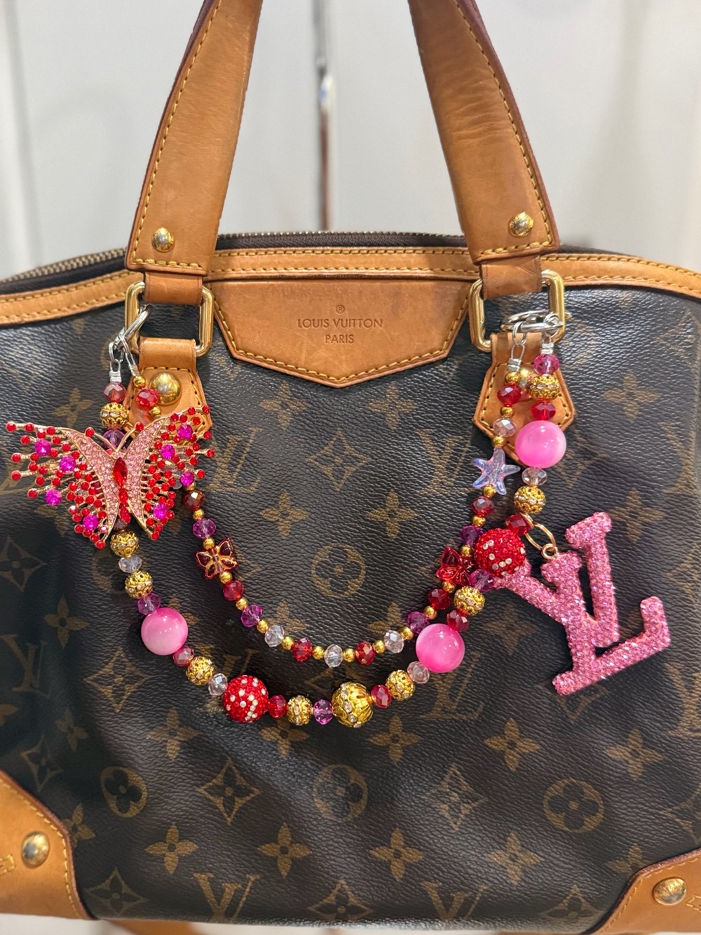 Pink Red Rhinestone Butterfly Double-Strand Handbag Charm Chain with Logo